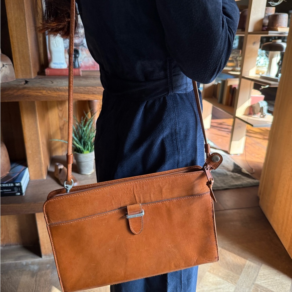 Vintage 1980s Perry Ellis Brown Leather Boxy Crossbody Clutch Bag